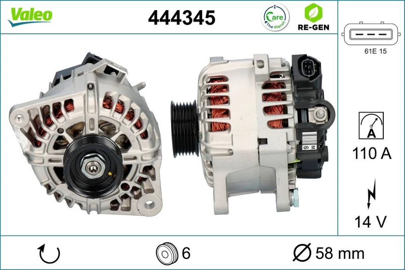 Image of VALEO 444345 Generator VALEO RE-GEN REMANUFACTURED Alternator Charging Current: 110A, Voltage: 14V Alternator (4)