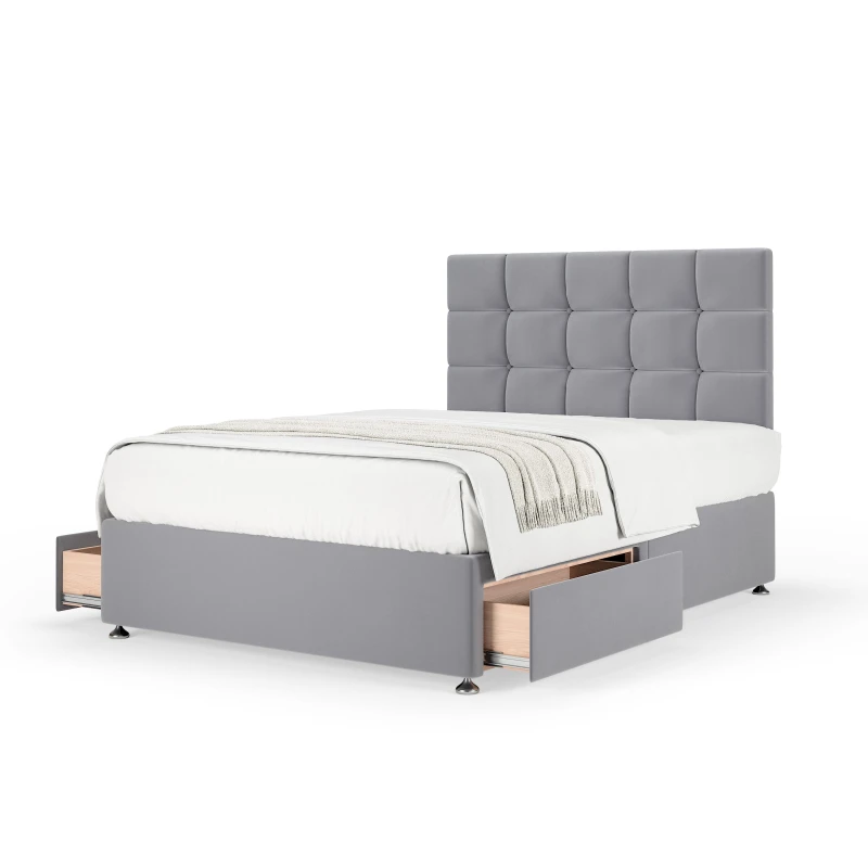 Image of Bedmaster Bedmaster Plush Velvet 2 Drawer Divan Base And Square Headboard in Silver Size: Super King Silver Super King Unisex 7867870719196