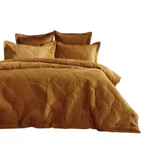 image of Paoletti Palmeria Velvet Quilted Duvet Cover Set (Double) (Gold)