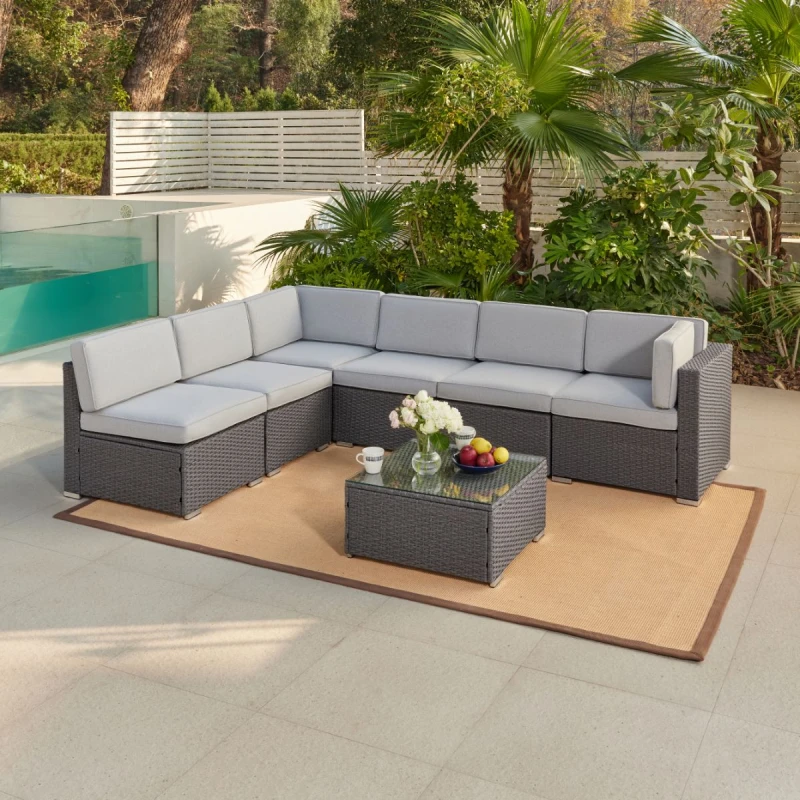 Image of Home Detail Pisa Grey Modular Rattan Garden Sofa Set with Grey Cushions Grey Unisex
