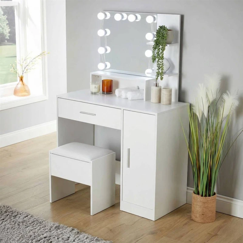 Image of Home Source Bedroom Dressing Table Stool LED Lights Vanity Makeup Desk Mirror Set in White White Unisex
