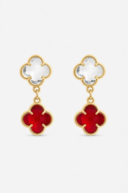 Image of Jon Richard Womens Gold Plated Ruby & Crystal Clover Drop Earrings Gold Female One Size