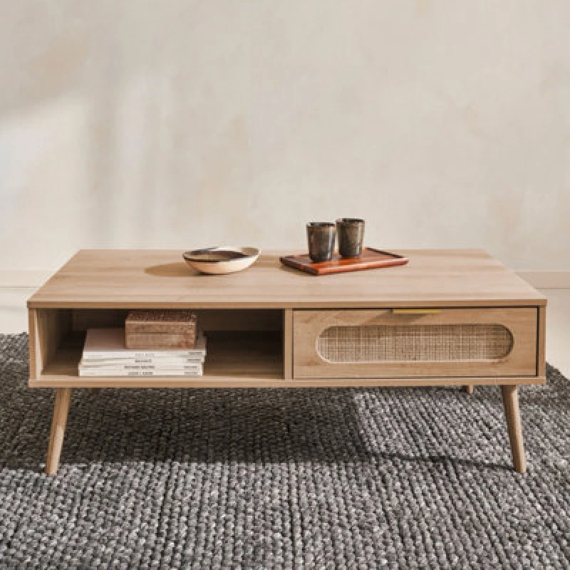 Image of Sweeek - Wood And Rounded Cane Rattan Coffee Table Eva Natural 110X59X39 Cm