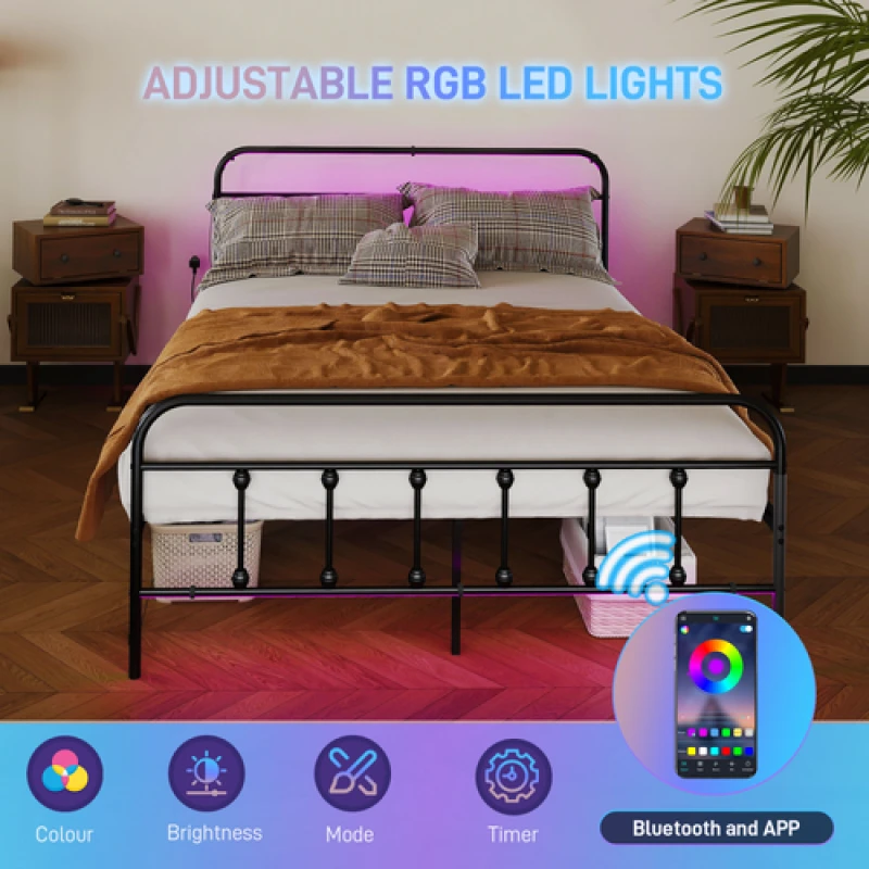 Image of HOMCOM HOMCOM Double Bed Frame with LED Lights and Charging Station, Black Double Unisex 5063603037120