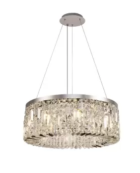 Image of Cylindrical 60cm Ceiling Pendant Chandelier, 8 Light E14, Polished Chrome, Crystal