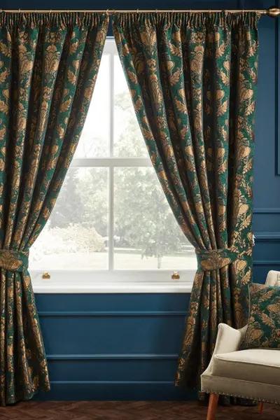 Image of Shiraz Traditional Jacquard Pencil Pleat Curtains Emerald, Emerald / 168 x 229cm