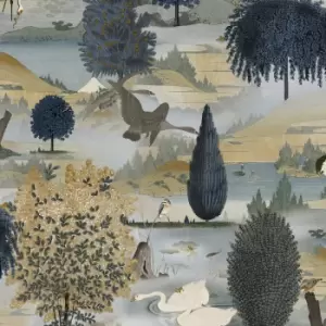 Image of Holden Decor Swan Lake Navy / Ochre Wallpaper