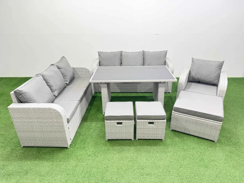 Image of Fimous 10-seater Patio Rectangular Table Sofa Set with 3 Stools in Light Grey Light Grey Unisex