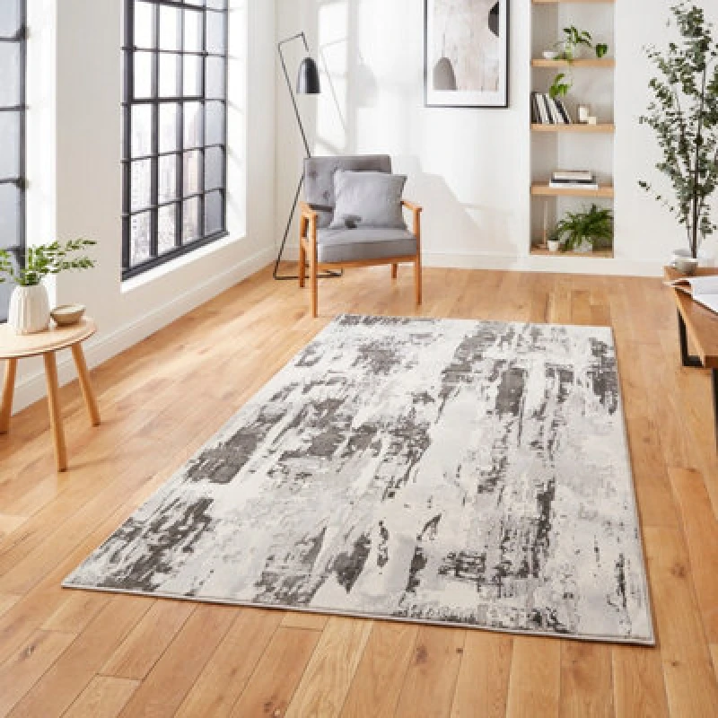 Image of Grey Ivory Abstract Modern Machine Made Polypropylene Rug For Living Room Bedroom And Dining Room-160Cm X 220Cm