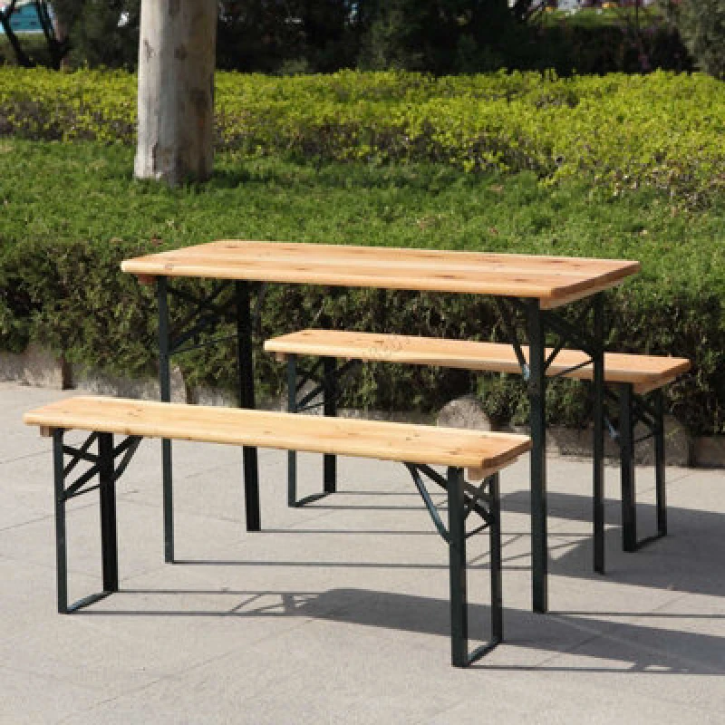 Image of BIRCHTREE 3 Pieces Outdoor Patio Wooden Top Vintage Folding Beer Picnic Dining Table Bench Set Party Pub Garden Furniture Steel 2 Legs 117cm Natural -