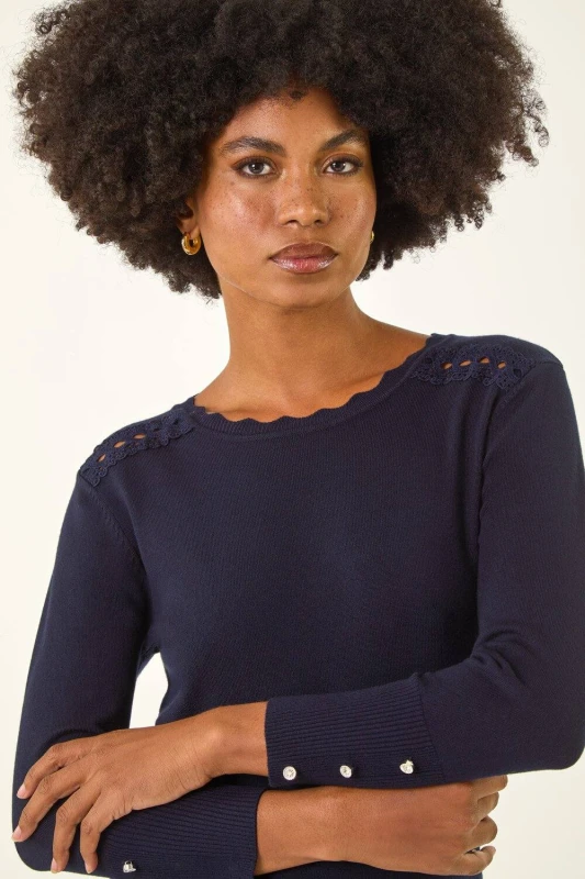 Image of Roman Womens Scalloped Neck Knit Jumper in Navy Size: 18 Navy Female 18