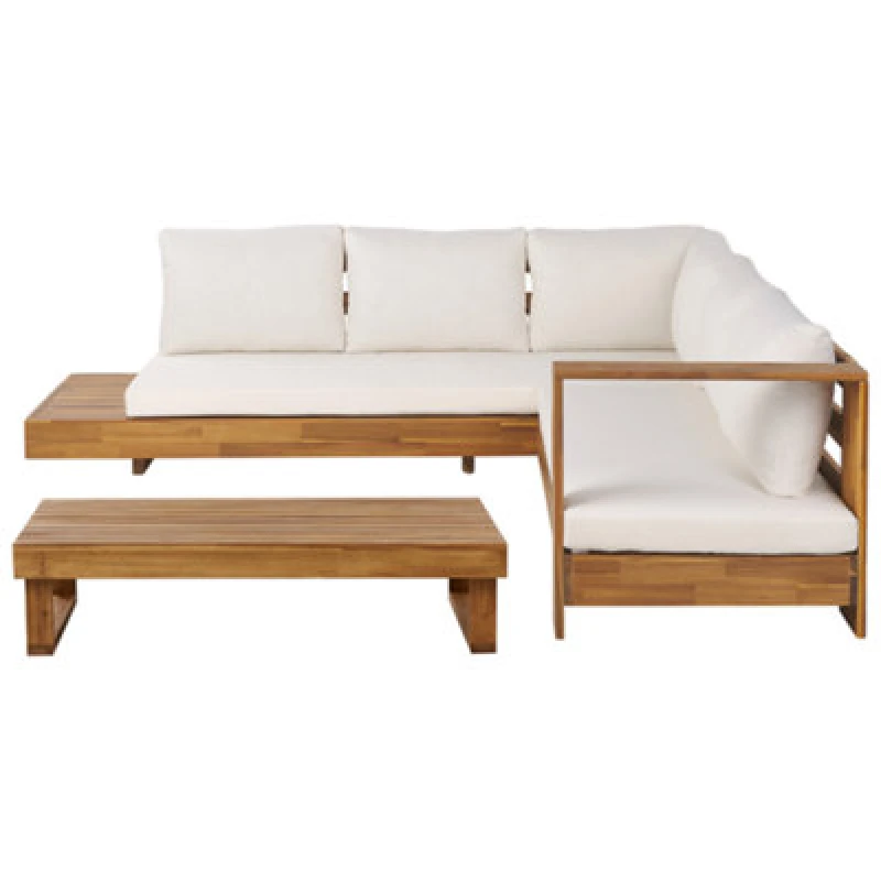 Image of Beliani Garden Corner Sofa With Table 5 Seater Marettimo Left Hand Certified Acacia Wood Brown