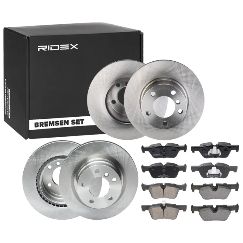 Image of RIDEX 3405B1647 Brake disc and pads set Rear Axle, Brake Disc Type: Vented, prepared for wear warning indicator, with piston clip Brake Set,disc brak
