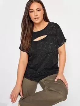 Image of Yours Cut Out T-Shirt Black Acid Wash, Black, Size 20, Women