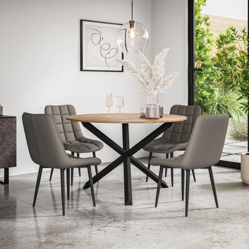 Image of More4Homes Malvern Round Dining Table & Chairs - Oak Table Top w Solid Oak Black Legs + Nova Faux Leather Dining Chair Set Of 4 in Grey Grey Unisex