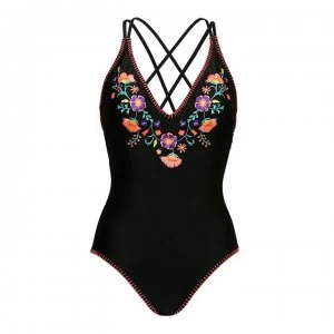 image of Figleaves Non Wired Plunge Embroidered Swimsuit - BLACK