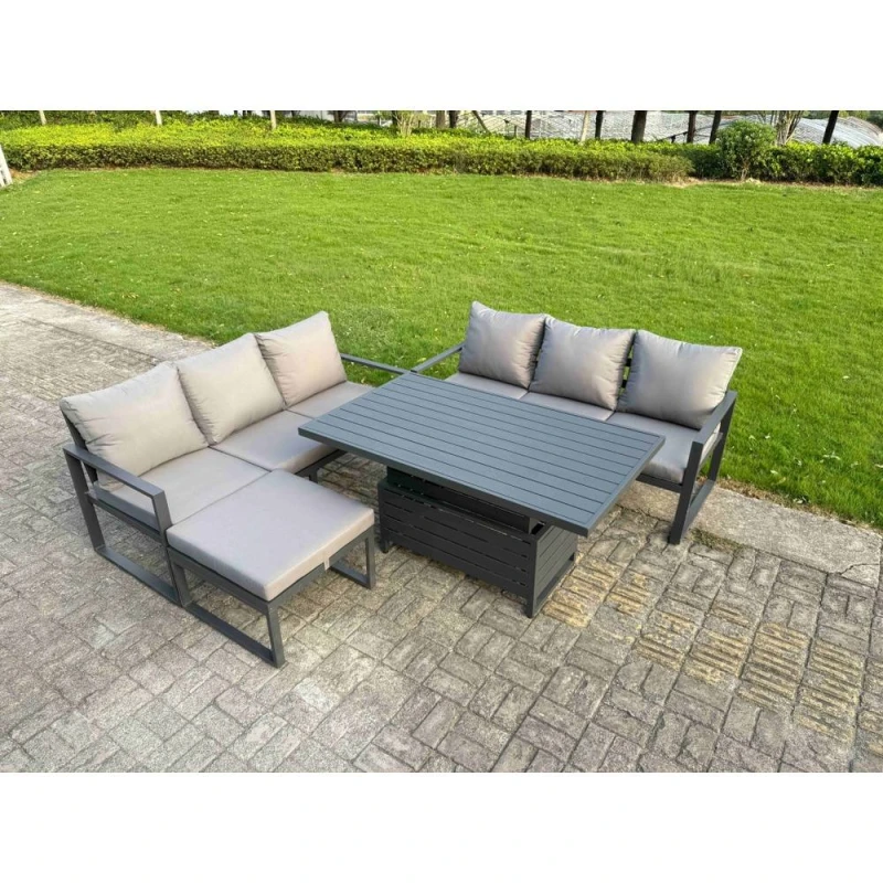 Image of Fimous Aluminum 4 Piece Sofa Set with Lifting Table, Cushions & Big Footstool in Dark Grey Dark Grey Unisex