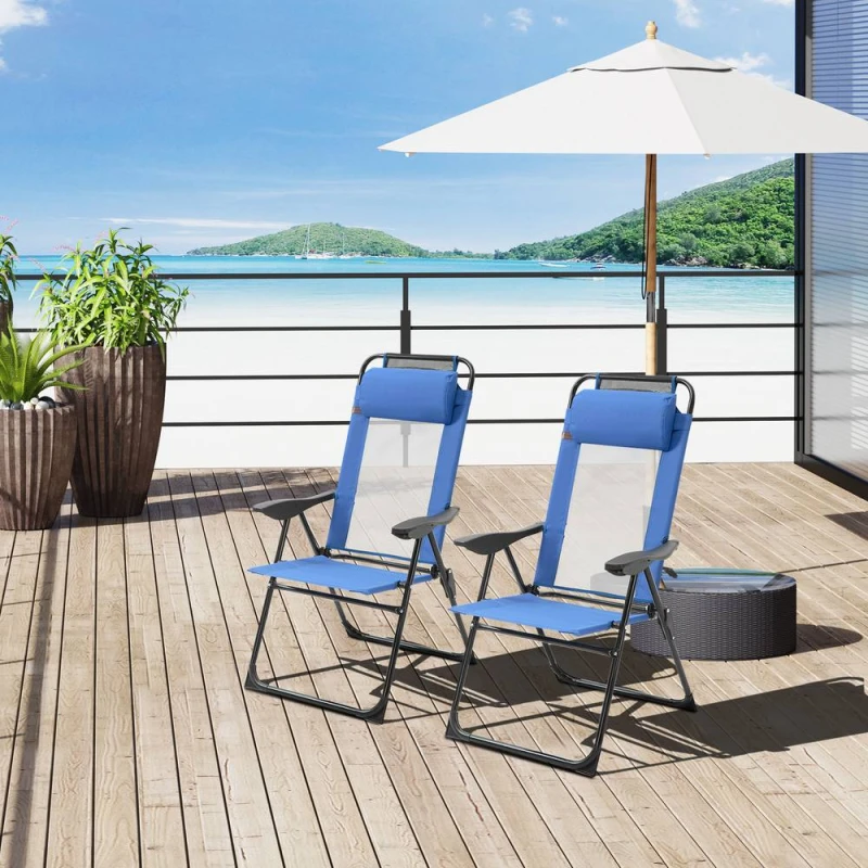 Image of OUTSUNNY Garden Chairs Set of 2 Folding Camping Chair Recliners, Blue Size: 2 Pack Blue Unisex 2 Pack
