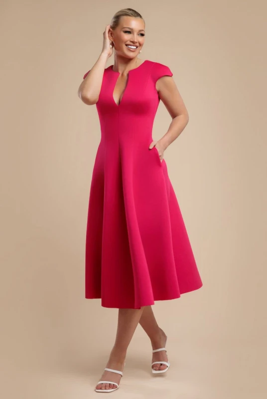 Image of Goddiva Womens Cap Sleeve Plunging V Neckline A-line Midi Dress in Magenta Size: 8 Magenta Female 8
