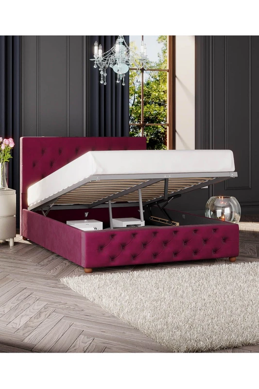 Image of Laurence Llewelyn-Bowen Laurence Llewelyn-Bowen Luna Ottoman Storage Bed in Plush Velvet Fabric, Custom Made in Wine Size: Super King Wine Super Kin