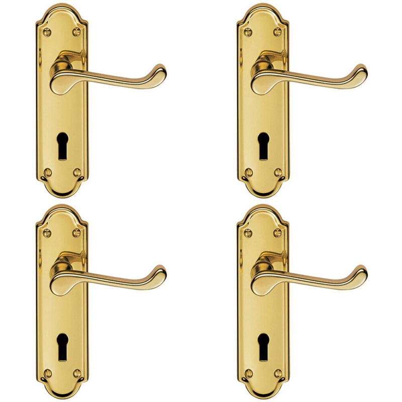 Image of Loops 4x PAIR Victorian Upturned Handle on Lock Backplate 168 x 47mm Polished Brass Metallics