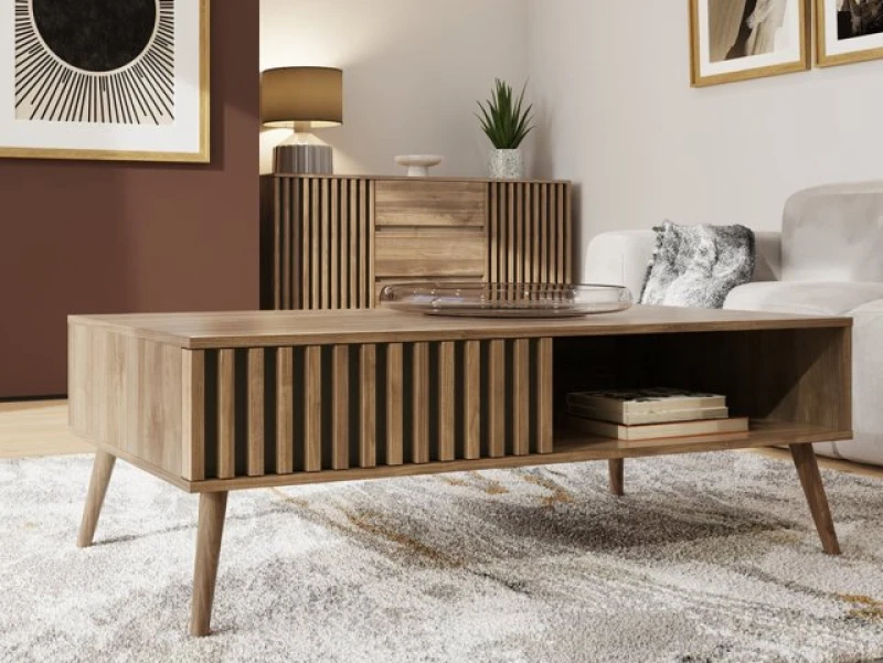 Image of GFW GFW Louvered 1 Drawer Coffee Table - Oak