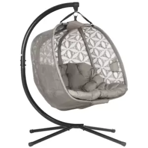 Image of Outsunny Outdoor Double Hanging Chair, Swing Chair with Metal Stand, Thick Padded Cushion, Foldable Basket and Cup Holders, for Indoor and Outdoor, Sa