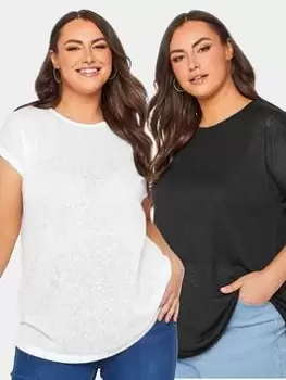 Image of Yours Yours Linen Look T-Shirt 2 Pack - White/Black, Size 16, Women