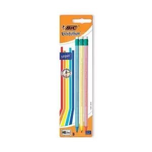 image of Bic Stripes HB Pencils Eraser Tip Assorted Blister Pack of 3 8902781