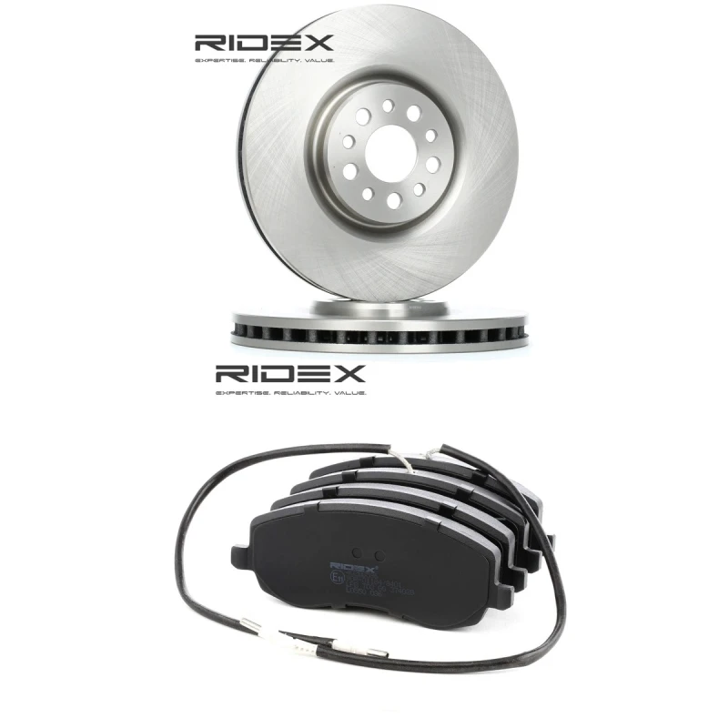 Image of RIDEX 3405B2721 Brake disc and pads set Front Axle, Brake Disc Type: internally vented, incl. wear warning contact Brake Set,disc brakes (3405)