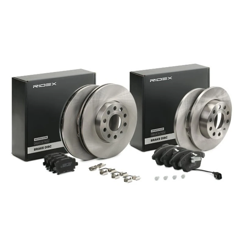 Image of RIDEX 3405B1737 Brake disc and pads set with accessories, Rear Axle, Brake Disc Type: Solid, prepared for wear warning indicator Brake Set,disc brake