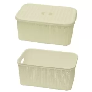 image of JVL Knit Design Loop Plastic Lidded Rectangular Storage Basket with Handles Ivory 20 x 28.5 x 12.5cm 6 Litres