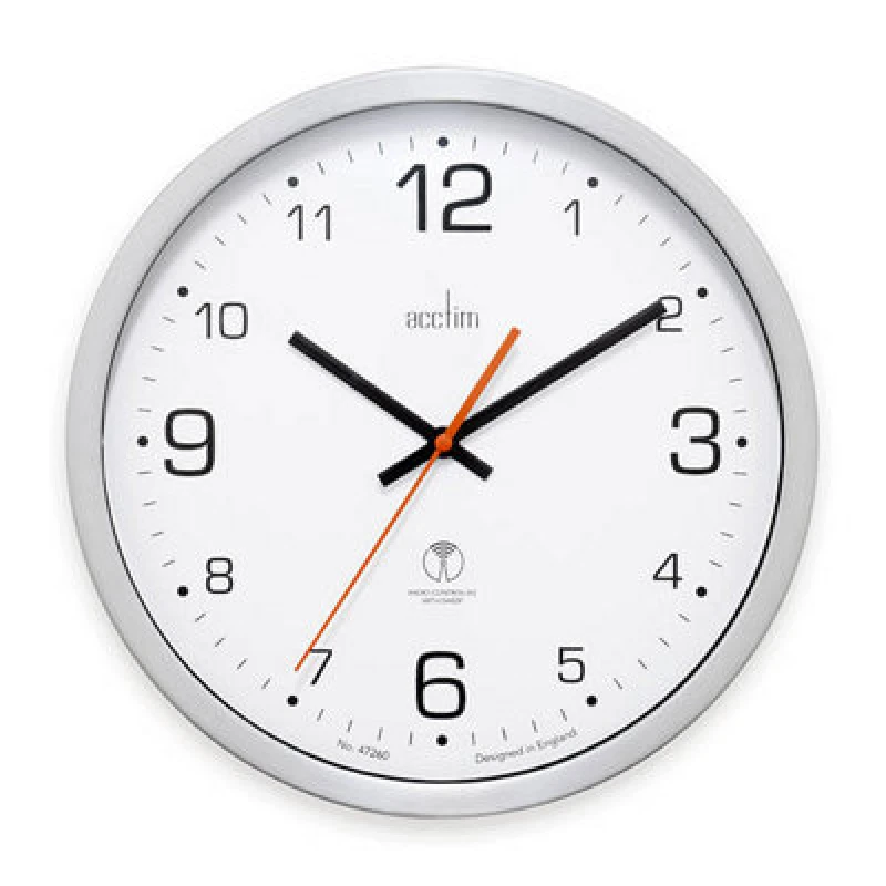 Image of Acctim Atomik Wall Clock Non-Ticking Sweep Radio Controlled Brushed Metal Case Titanium 30cm Metallic Silver