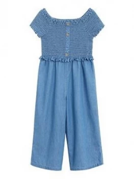 image of Mango Girls Denim Shirred Bodice Jumpsuit - Blue