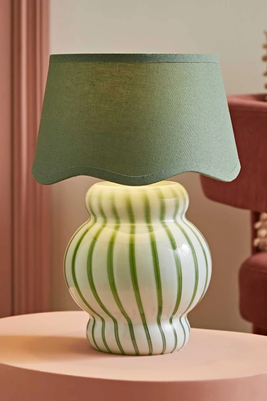 Image of ValueLights ValueLights Taffy Stripe Green Glass Table Lamp with Sage Scalloped Lamp Shade in Pale Green Pale Green One Size Unisex 5059406068270