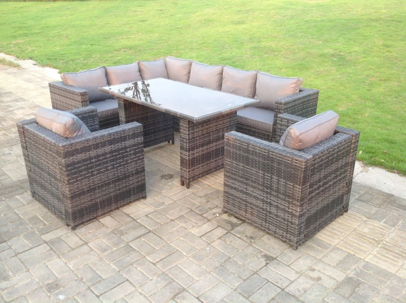 Image of Fimous Dark Grey Outdoor Lounge Rattan Corner Sofa Set Garden Furniture Rectangular Dining Table Chair Dark Grey