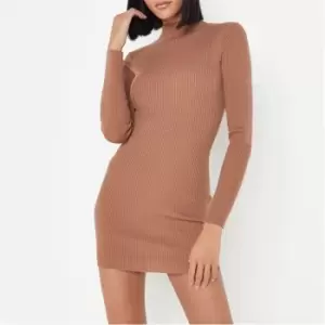 image of Missguided High Neck Ribbed Mini Dress - Neutral