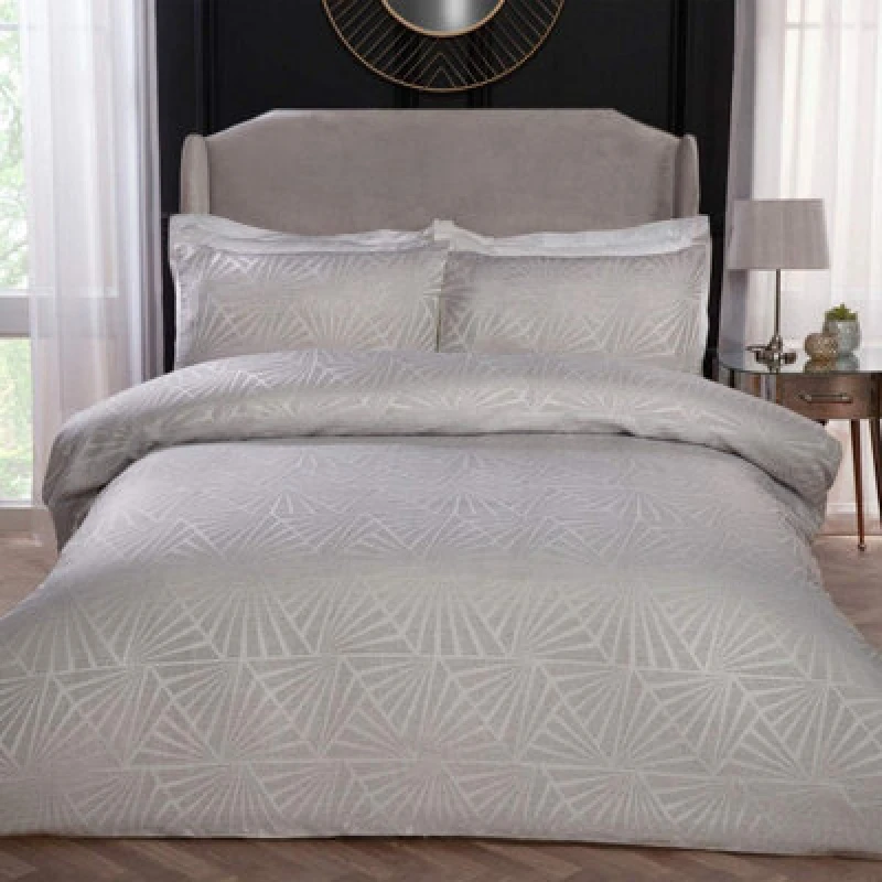 Image of Smart Living Smart Living Luxury Hotel Quality Lurex Jacquard Geometric Deco Duvet Cover with Pillowcases in Natural Size: Double Natural Double Uni