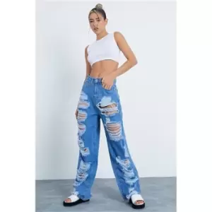 image of I Saw It First Mid Wash All Over Distressed Wide Leg Jean - Blue