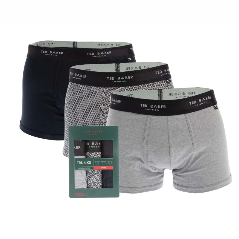 Image of (M, Navy/Heather Grey/Mini Geo Navy) Ted Baker Mens Three Pack Cotton Trunk Breathable Boxer Briefs