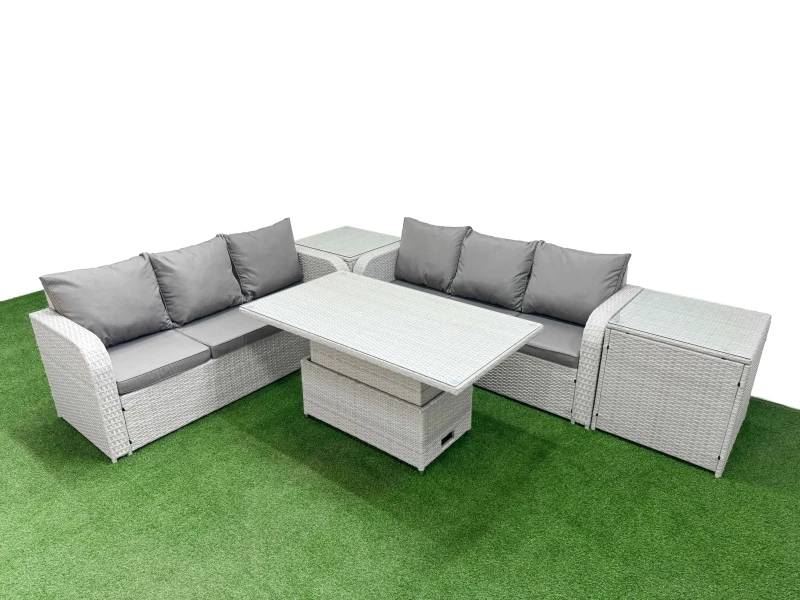 Image of Fimous Outdoor Garden Furniture Sets 6 Seater Wicker Rattan Furniture Sofa Sets with Adjustable Lifting Dining or Coffee Table high Back Lounge Sofa 2