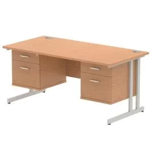 Image of Impulse 1600 Rectangle Silver Cant Leg Desk OAK 2 x 2 Drawer Fixed Ped