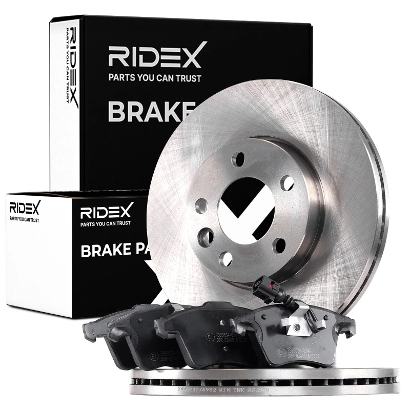 Image of RIDEX 3405B0386 Brake disc and pads set with accessories, Rear Axle, Brake Disc Type: Solid, with acoustic wear warning Brake Set,disc brakes (3405)