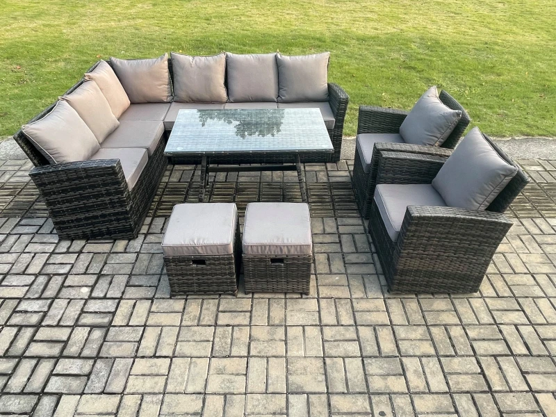 Image of Fimous High Back Outdoor Garden Furniture Set Rattan Corner Sofa Dining Table Set With Armchairs Left Corner in Dark Grey Dark Grey Unisex