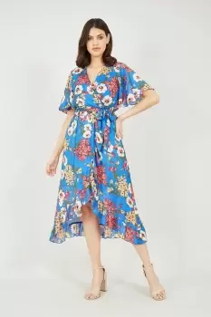 Image of Blue Bouquet Wrap Front Midi Dress