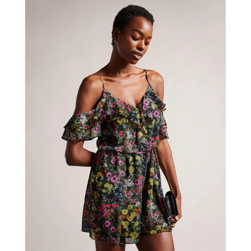 Image of Ted Baker Off-The-Shoulder Ruffle Romper - Black 8