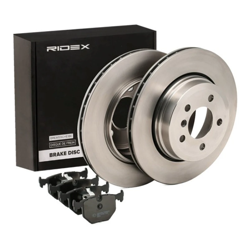 Image of RIDEX 3405B1427 Brake disc and pads set Rear Axle, Brake Disc Type: Externally Vented, prepared for wear warning indicator, with anti-squeak plate Br