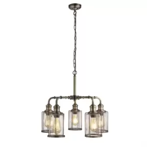 Image of Pipes 5 Light Pendant Antique Brass, Glass Shade, E27