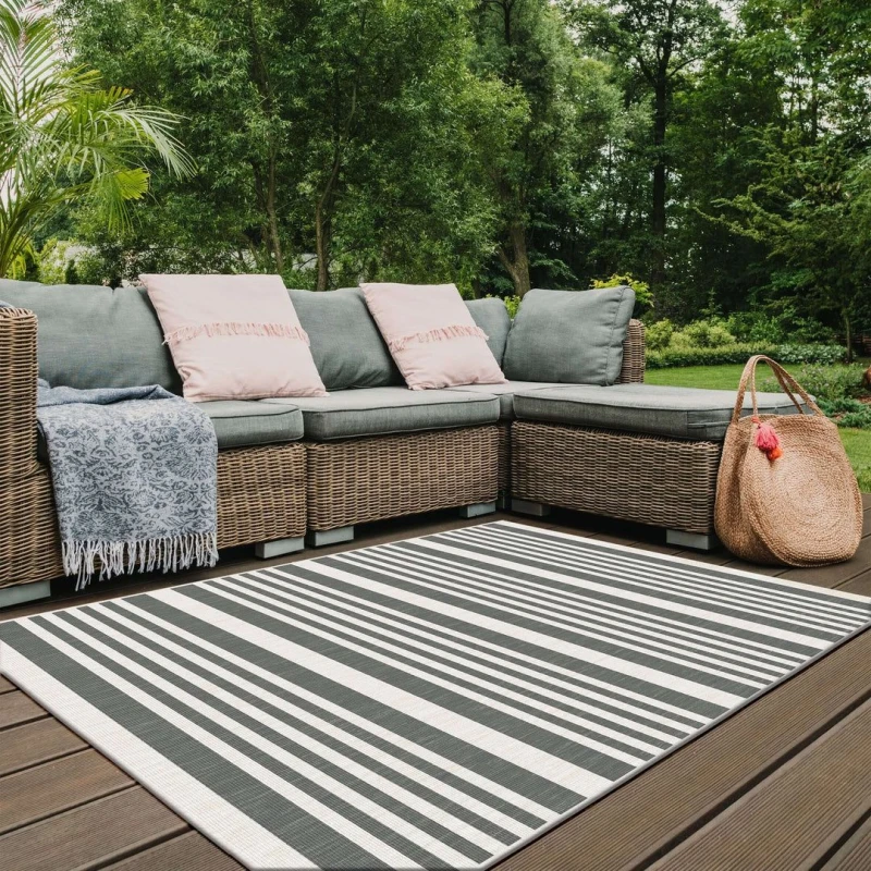 Image of THE RUGS Reversible Outdoor Rugs in Modern Stripes Duo Weave Collection in Grey Size: 120cm x 170cm Grey Unisex 120cm x 170 cm