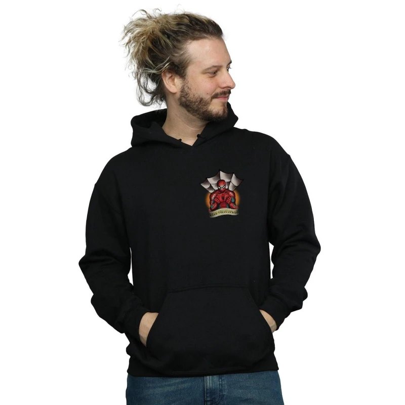 Image of Marvel Marvel Men Spider-Man Tattoo Breast Print Hoodie in Black Size: Small Black S Male 5059308447265